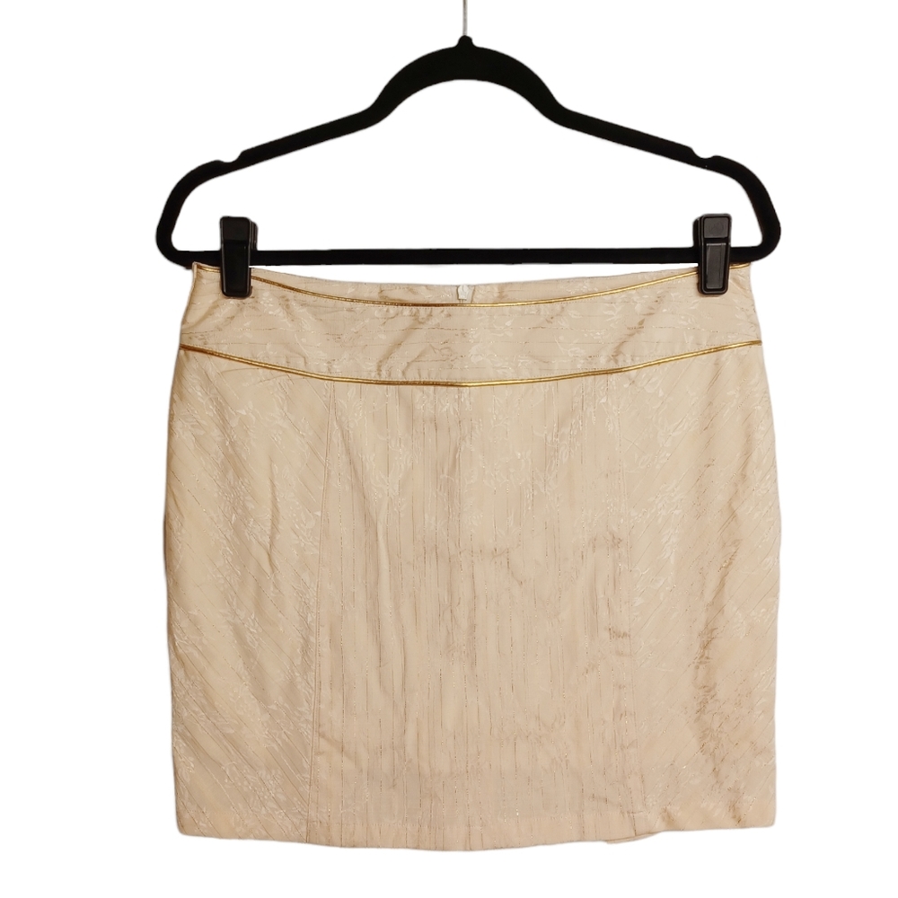 PRIVILEGE Gold Trim Cream Floral Stripe Print Mini Skirt Small